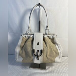 3002: Tod’s White Leather Canvas Buckle Tote Shoulder Bag Made in Italy
